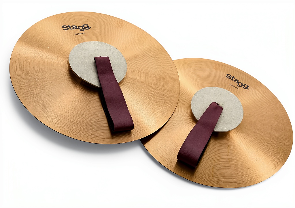 Stagg marching cymbals being played on a marching field