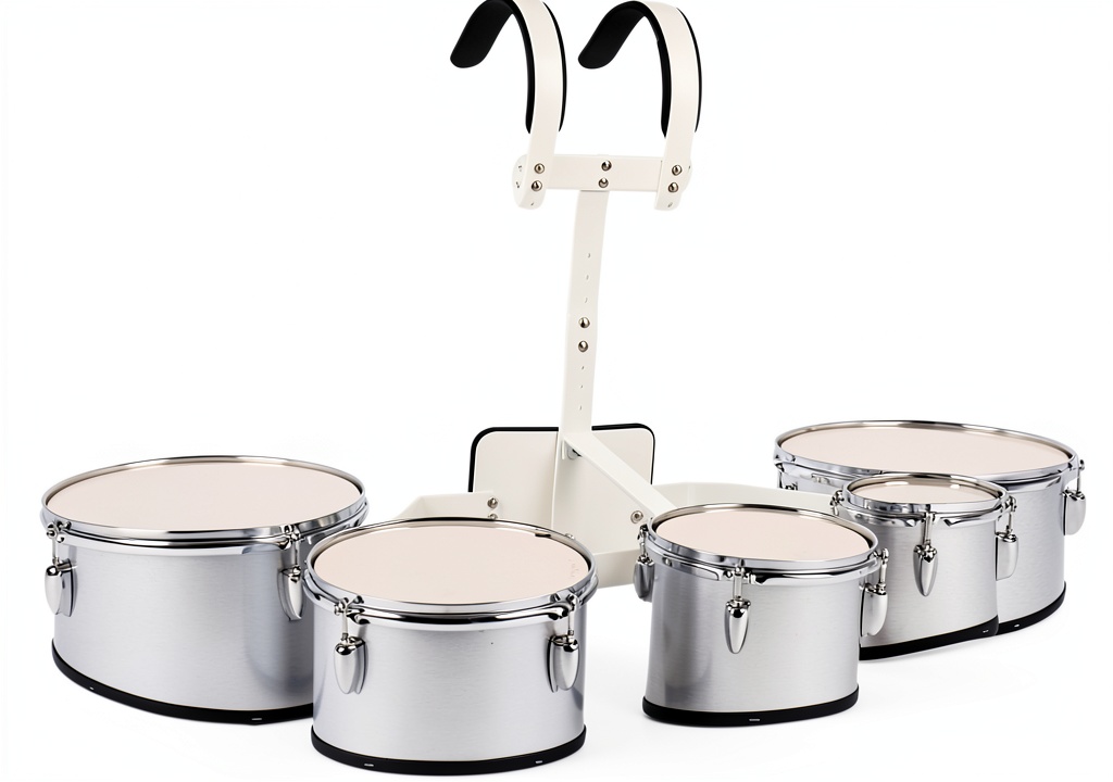 Student marching with JWQFBC drum set on a football field