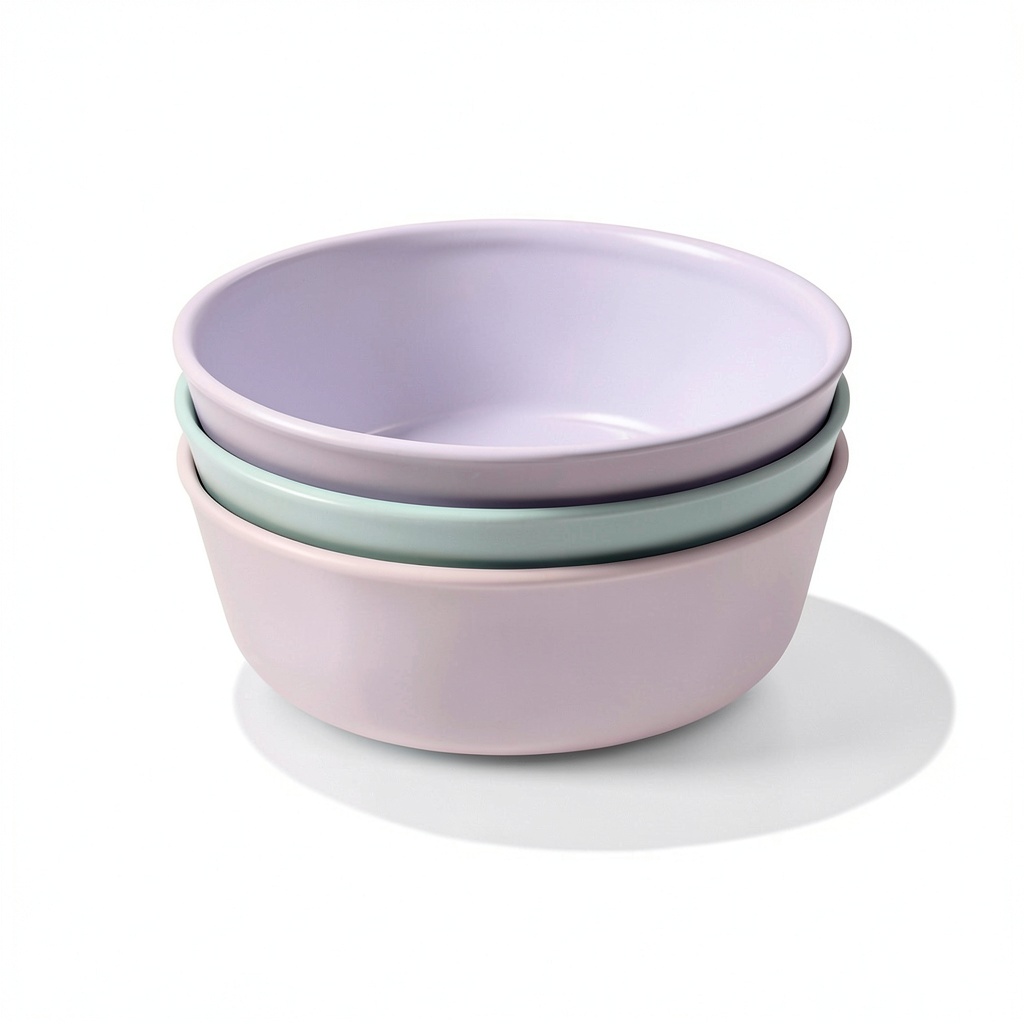 Installing OXO Tot Multicolor Light Baby Bowls on a wooden kitchen counter