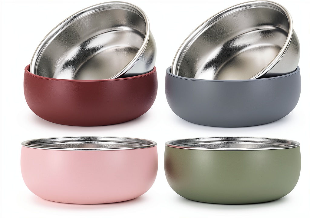 ShineMe stainless steel baby bowls set displayed on a wooden kitchen counter with toddler hands reaching for a colorful bowl