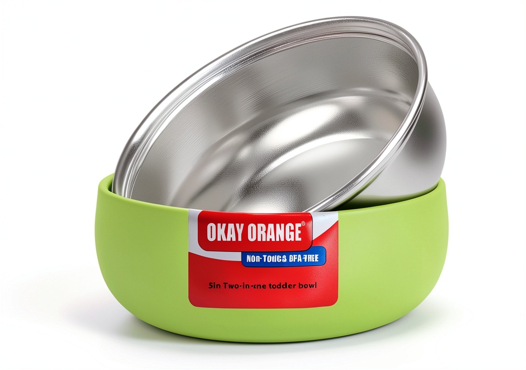 Installing Stainless Steel Kids Bowl OKAY ORANGE 5 Inch Green on a wooden desk